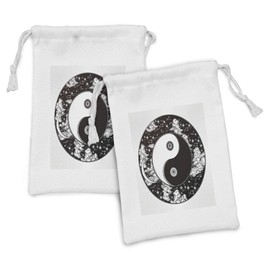 Ambesonne Ying Yang Fabric Pouch Set of 2, Stars and Moon Design Starry Night Sky Peace Magic Boho, Small Drawstring Bag for Toiletries Masks and Favors, 9" x 6", Black and White