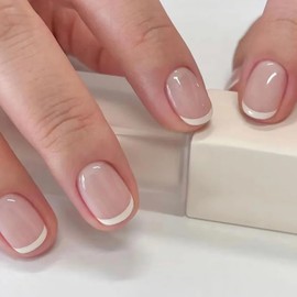 Round Square False Nails - French Tip Press on Nails - 24PCS Short Fake nails with Glue - Natural Nude Stick on Nails for Women - Full Cover Acrylic Nail Tips Glue on Long Lasting Elegant Reusable