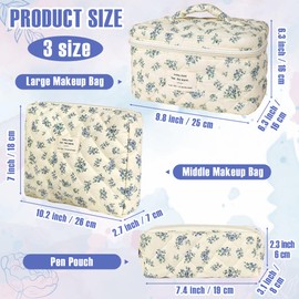 GoaePode Women's Travel Cosmetic Bag Set, 3 Pieces, Various Sizes, Flowers, Aesthetic Make Up Bag, Made of Cotton, Quilted Toiletry Bag, Beauty Case, Make-Up Bag, Travel Essentials, Blue Gourd, Zipper
