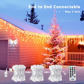 Brizled Icicle Lights, 29ft 360 LED Christmas Icicle Lights, 8 Modes Icicle String Lights with 60 Drops, Connectable Icicle Lights with Remote for Indoor Outdoor Christmas Wedding Holiday, Warm White