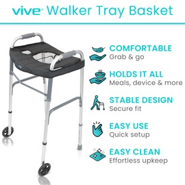 Vive Walker Tray for Folding, Standard Walkers (with Basket) - Universal Medical Supplies Equipment Attachment Table with Cup Holder - Durable Disability Rolling Accessories - for Seniors, Women, Men