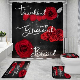 Litabel 4 Pcs Red Rose Shower Curtain Set with Non-Slip Rugs, Toilet Lid Cover and Bath Mat, Thankful Grateful Blessed Romantic Showy Elegant Floral Bathroom Decor Set with Shower Curtain and Rugs