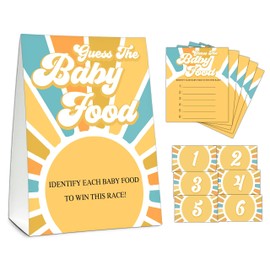 Guess the Baby Food Party Games, Baby Shower Game Set, 1 Standing Sign + 25 Answer Cards + 6 Number Cards, Retro Sunshine Gender Reveal Party Decorations Supplies -B03