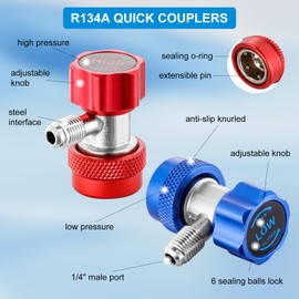 Tigbear R134A Adapter Quick Coupler, R134A Quick Coupler Adapter, Adjustable R134A Adapters and AC Hose Fittings with 1/4" Flares, for R134A Car AC System