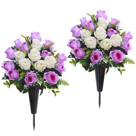 Lodou Set of 2 Artificial Cemetery Flowers, Memorial Flowers Bouquet,Grave Memorial Flowers with Vase for Cemetery Headstones Decoration (Purple White)