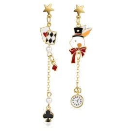 Queens of Heart Earrins for Women Red Heart Queen Poker Earrings Gold Asymmetric Rabbit Long Clock Poker Dangle Earrings Queen Hearts Costume Accessories (Bunny)