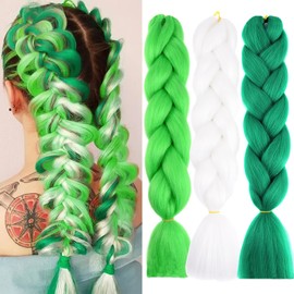BASEMMAHER 3 Colors Green White Ombre Jumbo Braiding Hair Extensions 24 Inch Long Braiding Hair Pre Stretched High Temperature Synthetic Hair for Women Girl Twist Crochet Braids