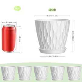 SQKH SQKH 6 Inch Plant Pots, 6 Pack Indoor Flower Pots, Planters with Drainage Holes and Trays for Orchids, Violets, Succulents, Herbs, and Other Plants,White