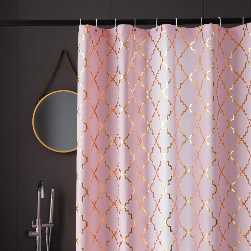 Pink Shower Curtain Gold Moroccan Pattern with 12 Hooks Included,
