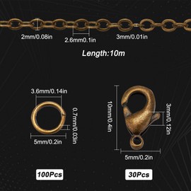 SUNNYCLUE 32.8 Feet / 10 m Antique Bronze Chain Bulk Brass Curb Chain 2.6 x 2 x 0.3 mm Links Cable Chains for Jewellery Making Chains 100 Iron Jump Rings 30 Brass Lobster Clasps Necklace Ar