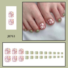 24 pcs Press on Toe Nails Short Square Fake Nails Green Press ons Cute Toenail Glossy Summer False Toenails with Flower designs Stick on Toenails Full Cover Glue on Toenails for Women
