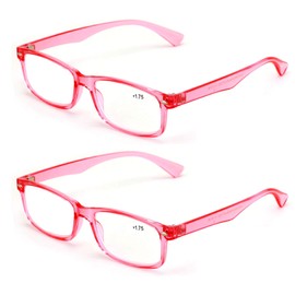 2 Pairs Casual Rectangular Reading Glasses - Stylish Simple Readers Magnification Transparent Blue Red Clear (2 Pink, 1.75)