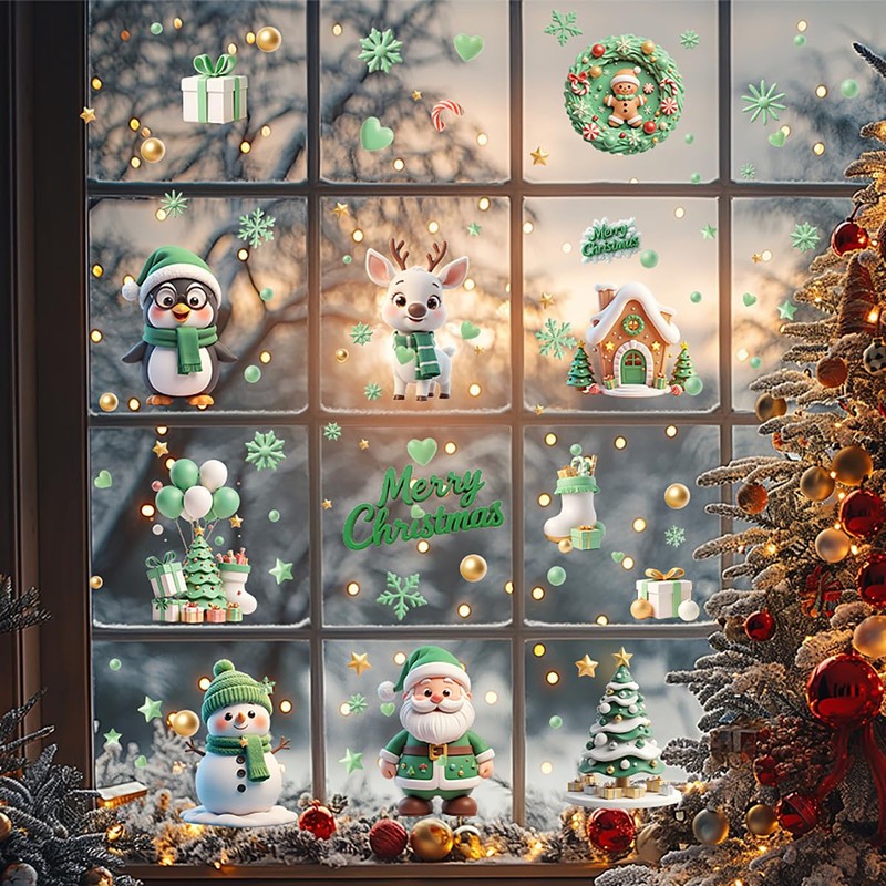 9 Pcs Christmas Window Stickers, Large Christmas Window Decorations,Reusable Stereo
