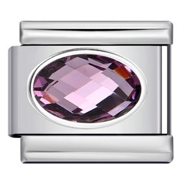February Purple Amethyst Smooth Oval Month Birth Year Birthday Stone Anniversary Birthstone Crystal Silver Italian 9mm Link Stainless Steel Bracelet Charm Compatible With Nomination