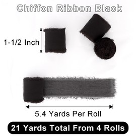 4 Rolls Chiffon Silk Ribbon Frayed Edge Chiffon Ribbon 1-1/2 Inch Wide 21 Yards Long Handmade Fringe Silk Chiffon Ribbon for Crafts Weddings and Home Decor Black #1