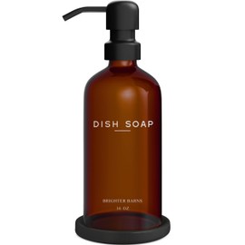 Brighter Barns Amber Glass Dish Soap Dispenser for Kitchen Sink by Brighter Barns - Kitchen Soap Dispenser Set with Pump & Tray - Refillable Glass Bottle for Liquid - Modern Home Decor for Airbnb, Restaurant (Amber)