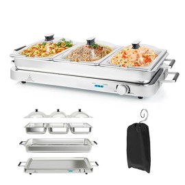 ARLIME Triple Buffet Server Food Warmer, 450W Stainless Steel Electric Warming Tray, Adjustable Temperature, Transparent Lids w/Spoon Slot, 8 QT Chafing Dish Set for Parties, Banquets, Catering