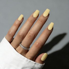 SXVME Uñas postizas acrílicas naturales, semitransparentes, cuadradas, cortas y medianas, color amarillo pastel, con pegamento para mujer, uñas postiz