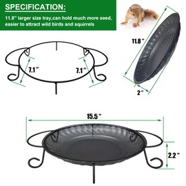 CQAIRIOU Upgraded Ground Platform Bird Feeder Tray,11.8” Stainless Steel Large Bird Feeder Mesh Seed Tray with A Exquisite Tray Station,Attract Wild Birds,Great Decoration for Garden Backyard