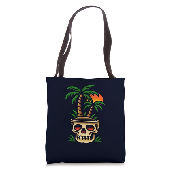 Skull Palm Tree Tropical Beach Sunset Vibes Old School Tote