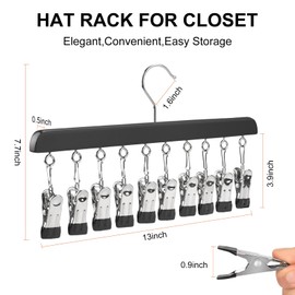 Hat Organizer for Closet, SACKZTOU Wooden Hangers with Clips Holds 20 Hats/Leggings/Pants/Jeans, Hanging Closet Organizer w/Rubber Coated, 360°Roatable Hook, Space Saving - 2Pcs Black