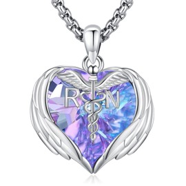 LOOVE Angel Wings Necklace Sterling Silver Guardian Angel Nurse Necklace for Women Heart Crystal Necklace RN Caduceus Pendant Nurse RN Jewelry