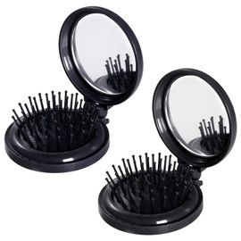 2pcs Folding Travel Mirror Hair Brushes Round Mirror Pocket Hair Brush Portable Mini Pop Up Hair Brushes for Women Girls Wet and Dry Hair (Black)