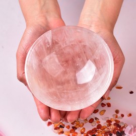 MOGEMT Extra Large Rose Quartz Crystal Bowl Hand-Carved Round Pink Quartz Crystals Gemstone Bowl Reiki Healing Home Decoration Gift 4.5-5"