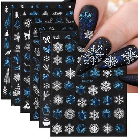 Snowflake Nail Art Sticker Decals Snowflake Elk Design Christmas Nail Stickers 6PCS Blue White Xmas Tree Christmas Stocking Deer 3D Self-Adhesive Xmas Nail Decals for Women DIY Manicure Decorations
