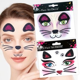 Ecuupas Cute Cat Face Sticker Cartoon Animal Face Gems Sticker Glitter Crystals Face Art Stickers Kid Face Eye Decoration for Makeup Face Sparkling Party Face Sticker 2Pcs, 5x4.7