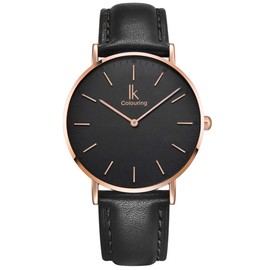 Alienwork Armbanduhr Herren Damen Roségold Lederarmband Schwarz Ultra-flach