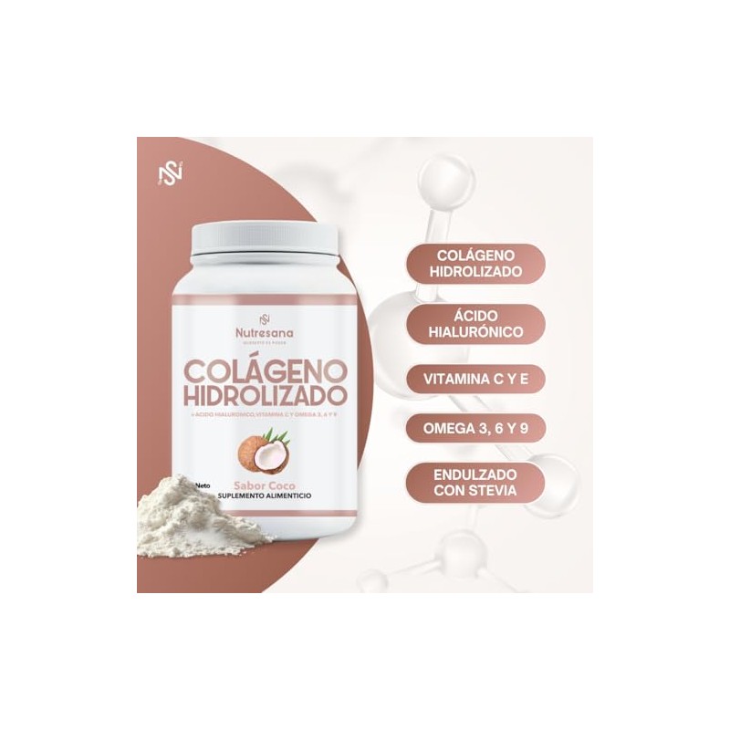 Nutresana Colágeno Hidrolizado Sabor Coco Ácido Hialurónico Vitaminas Omega Suplemento