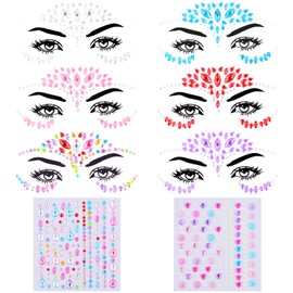 8 Sheets Self-Adhesive Glitter Bling Stickers Set, Colorful Face Diamond Stickers Teardrop Sun Flower Heart Shaped Rhinestone Pearl Gems Stickers for Hair Face Nail Crafts Decoration