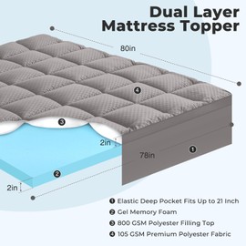 OLANLY Dual-Layer 4 Inch King Size Memory Foam Mattress Topper for Back Pain, 2 Inch Cooling Pillow Top Mattress Pad Cover and 2 Inch Gel Memory Foam Topper, Deep Elastic Pocket, Light Grey