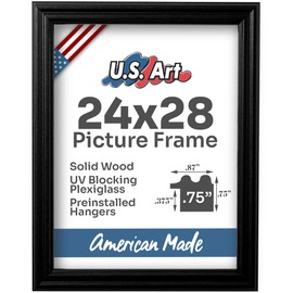 US Art 24x28 Black Picture Frame .75" Inch Wide - Handmade Solid Wood Frames with Preinstalled Hangers and UV Blocking Plexiglass Frames