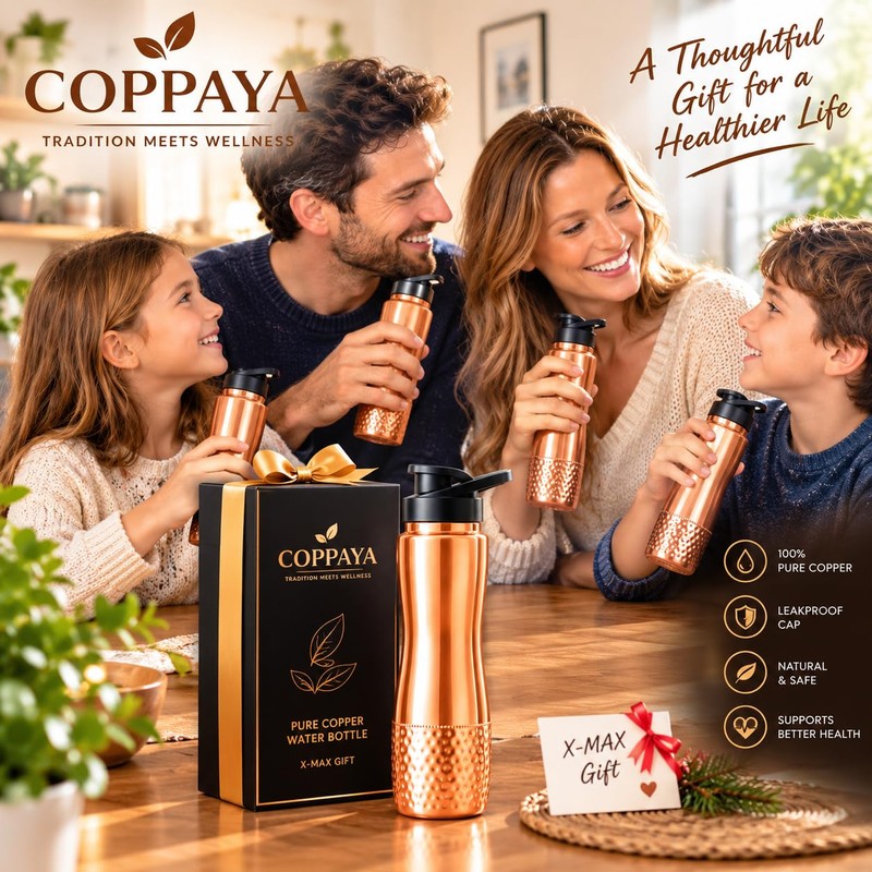 COPPAYA Pure Copper Water Bottle with Sipper, 900ml Capacity (30.4
