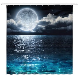 BOYIAN Ocean Shower Curtain Decor Full Moon in The Sky Dreamy Clouds Stars Tranquil Seascape Navy Fabric Bath Curtains Bathroom Accessories Polyester with Plastic Hooks 70x70 Inch