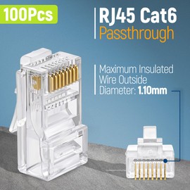 Everest Media Solutions Conectores Pass Through RJ45 Cat6 - Paquete de 100 | Modular Plug para Cable de Ethernet UTP Sólidos o Trenzados