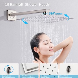 RTTWYYUU Brushed Nickel Rainfall Shower Head, Wall Mounted 8 Inch Shower Heads with Handheld Spray Combo, Luxury Bathroom Square Rain Shower System, Solid Brass Pressure Balancd Shower Faucet Valve