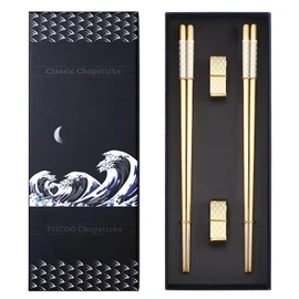 TIICOO Metal Chopsticks Reusable 2 Pairs Titanium Stainless Steel 18/8 Chopsticks with Holder, Dishwasher Safe Lightweight Japanese Style Chopsticks Gift Set (Golden)