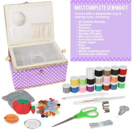 Medium Sewing Basket Organizer with Complete Sewing Kit Accessories Included - Wooden Sewing Box Kit with Removable Tray and Tomato Pincushion for Sewing Mending - Purple