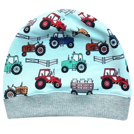 Wollhuhn Eco Lightweight Girls/Boys Beanie Hat Cuffs Elastic Transition Period Summer Children's Hat Cotton (Eco Fabrics, Organic) 22222235, Tractor light blue/mint