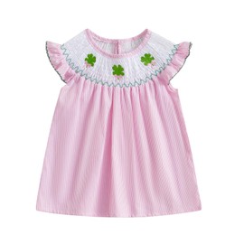 St Patricks Day Baby Girl Outfit Shamrock Smocked Dress Flutter Sleeve Clover Bows Embroidery Toddler Spring Dress (Pink, 2-3 Years)