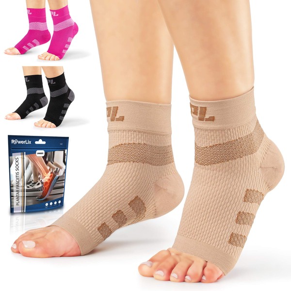 POWERLIX - Calcetines de apoyo para fascitis plantar (1 par), compresión de tobillo para mujeres y hombres, manga sin dedos para dolor de arco y talón, mejor que la noche de férula y plantillas