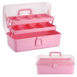 BTSKY 3-Layer 16-Inch Clear Plastic Dividing Storage Box Craft Organizer and Storage with Adjustable Spacers Portable Handled Art Supply Organizer Multipurpose Home Utility Box Sewing Organizers, Pink