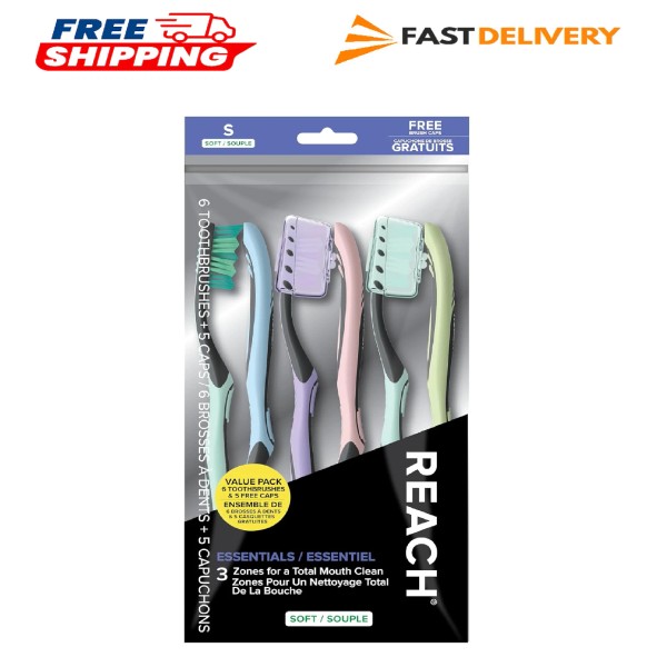 Reach Essentials Toothbrush with Toothbrush Caps, Soft Bristles 6 count