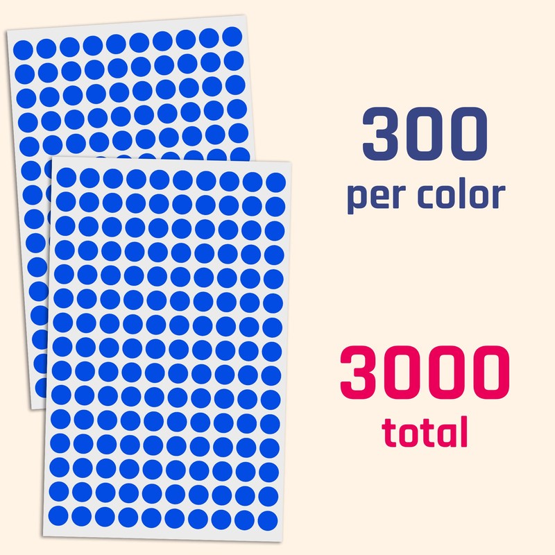 3000 Pack, 0.375" Round Colored Dot Stickers Labels - 10