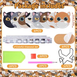 FOWSEEK Diamond Painting Coasters, 8 PCS Cat Diamond Art Coasters with Holder, Cute Diamond Painting Kits for Adults & Beginners, Diamond Art Craft Supplies