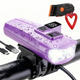 Ganbale| Ultra-Bright LED Bicycle Light Set (Front and Tail Light), 180° Wide Angle & Long Range Illumination, Illuminates Blind Areas, IPX6 Waterproof, Type-C Rapid Charging, Remaining Charge Display, 4 Modes of Dimming/Flashlight, Colorful Design (Purp