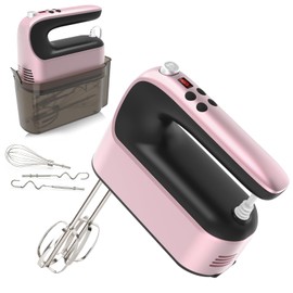 Yomelo 9-Speed Digital Hand Mixer Electric, 400W Powerful DC Motor, Baking Mixer Handheld with Snap-On Storage Case, 5 Stainless Steel Accessories, Flat Beaters, Dough Hooks, Whisk (Rose Gold)